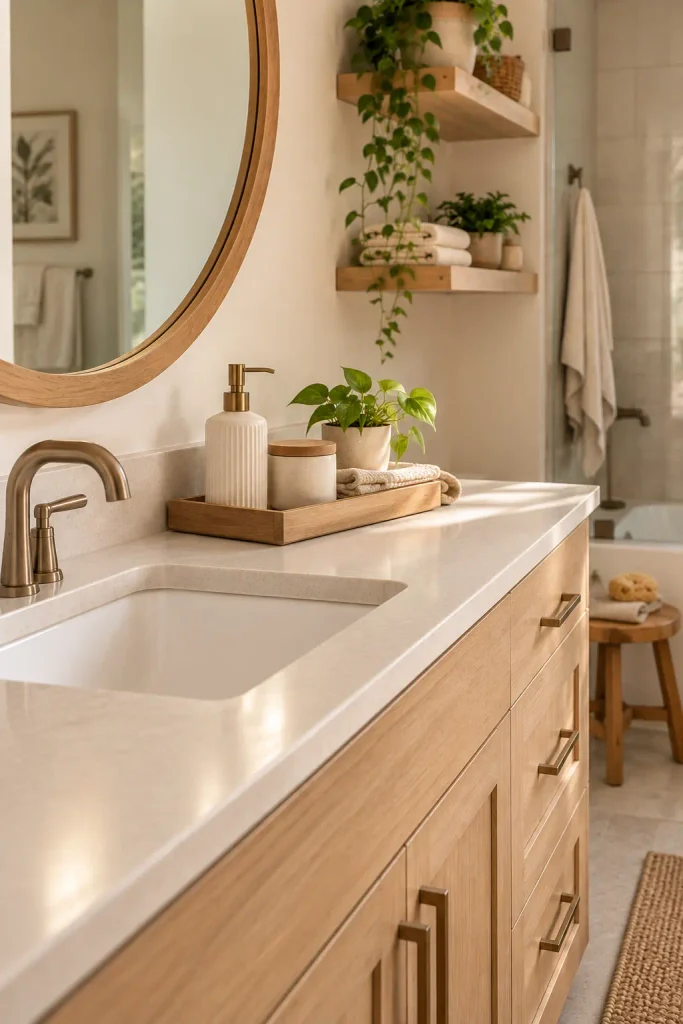 Minimalist bathroom countertop styled with a wooden tray, soap dispenser, small plant, and folded towel