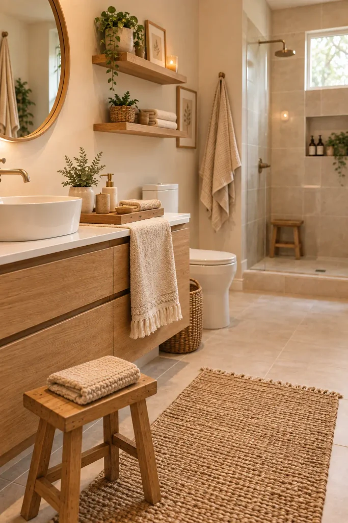 Bathroom with natural wood vanity, floating shelves, wooden stool, and warm neutral decor