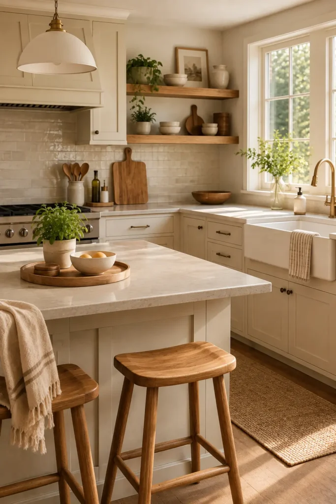 Warm cream kitchen featuring natural wood floating shelves, wooden cutting boards, oak stools, and wood accents.