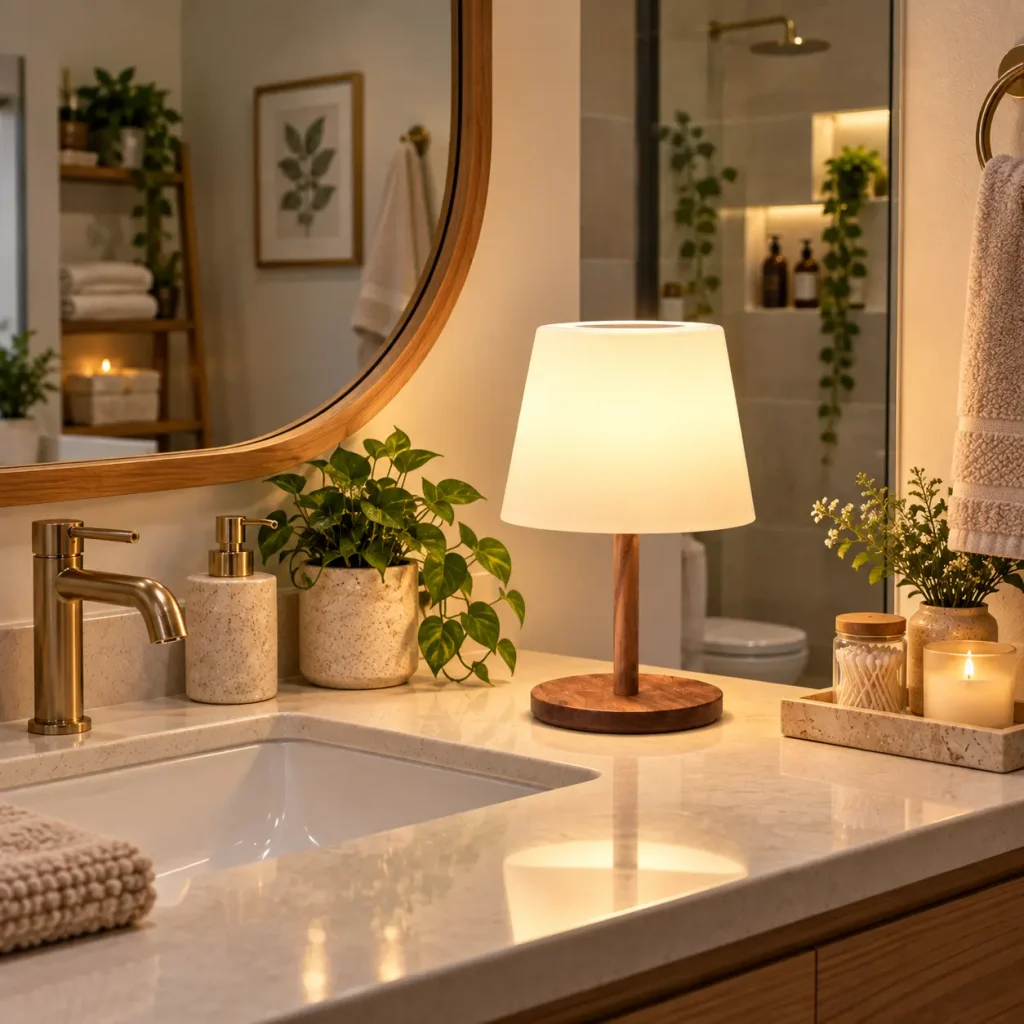 Rechargeable spa-like lamp glowing on a marble bathroom vanity beside a sink, greenery, and warm neutral decor.