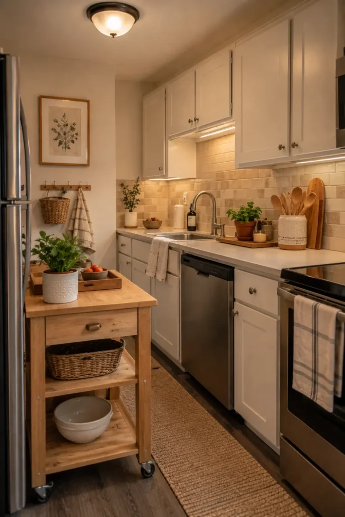 Renter-friendly cozy kitchen with a rolling wood cart, warm lighting, plants, baskets, and neutral decor