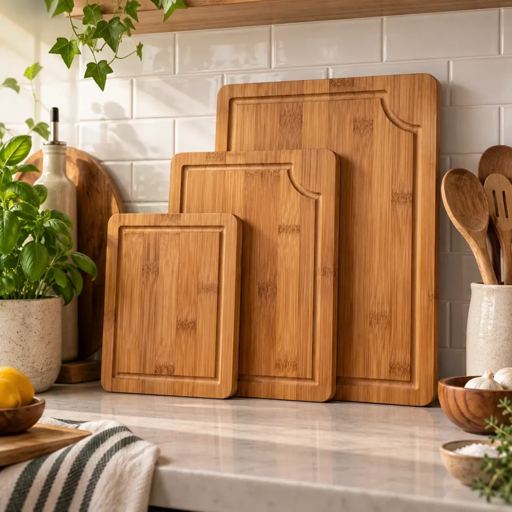 ROYAL CRAFT WOOD 3-piece bamboo cutting board set styled in a cozy kitchen