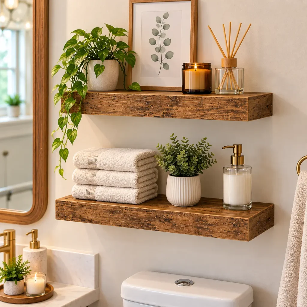 Rustic wooden floating bathroom shelves decorated with folded towels, greenery, candles, and neutral bathroom accessories