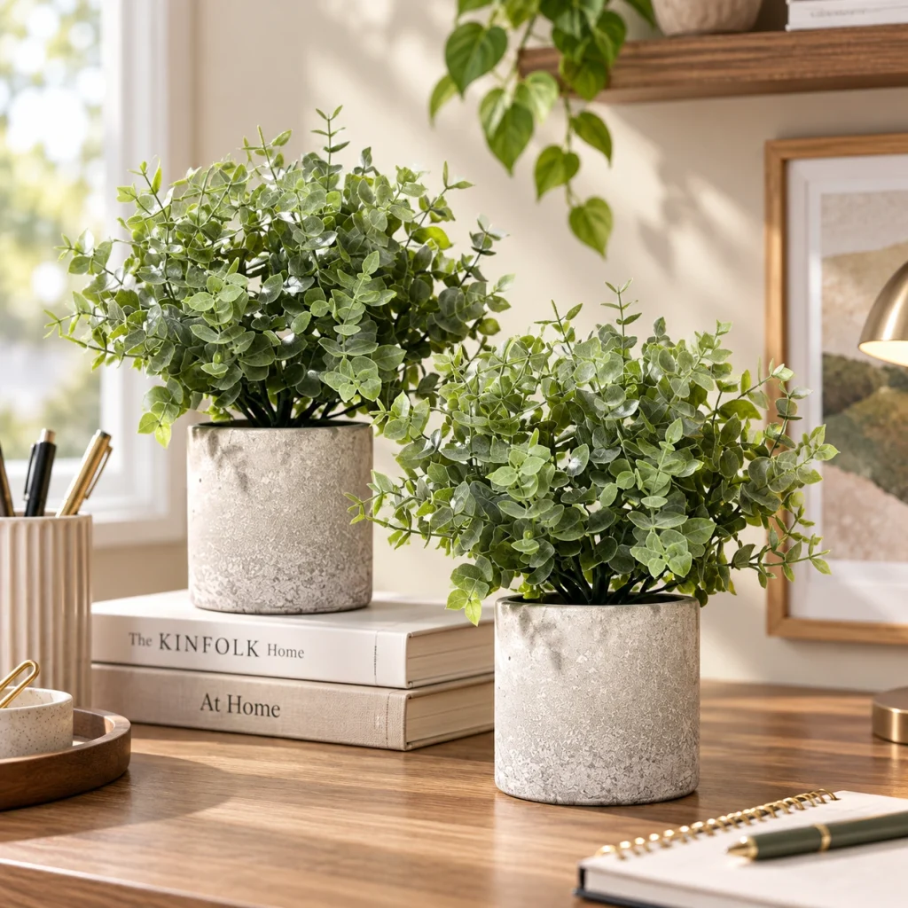 Two sage-green artificial eucalyptus plants in textured pots styled on a cozy home office desk