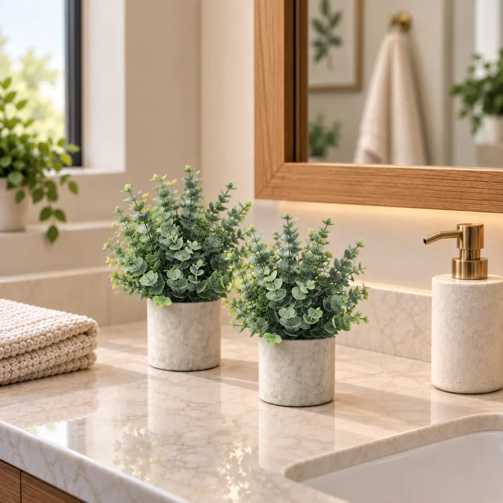Two sage-green artificial eucalyptus plants in textured light-gray pots arranged on a marble bathroom vanity beside a soap dispenser and folded towels.