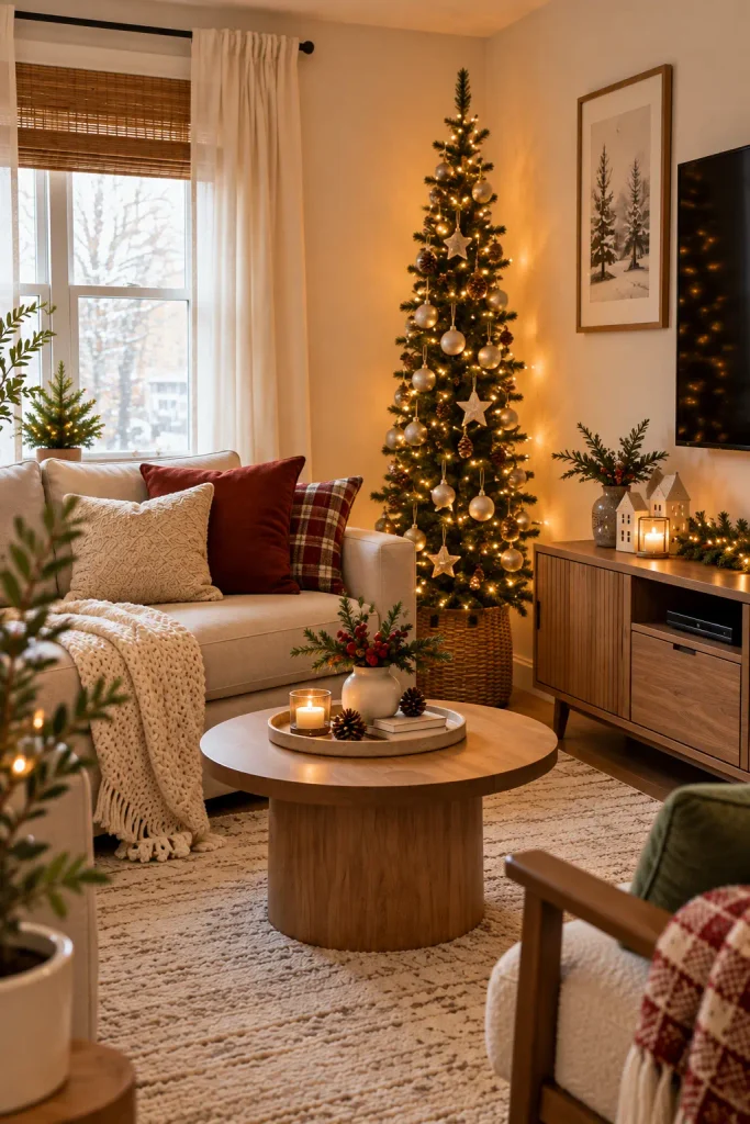 Cozy small apartment Christmas decor with a slim tree and warm lights