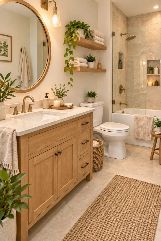 Spa-inspired bathroom with natural wood vanity, warm lighting, candles, plants, and soft towels