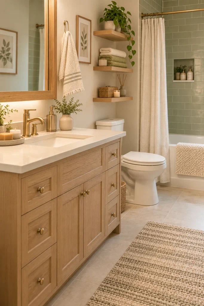 Warm bathroom color palette with cream walls, beige tile, natural wood, sage green, and brass accents
