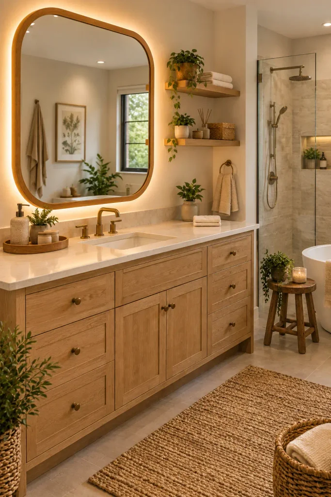 Warm bathroom with a large wood-framed mirror, soft backlighting, natural wood vanity, and simple greenery
