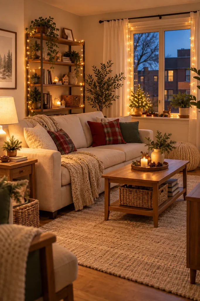 Warm Christmas lights decorating a cozy small apartment living room
