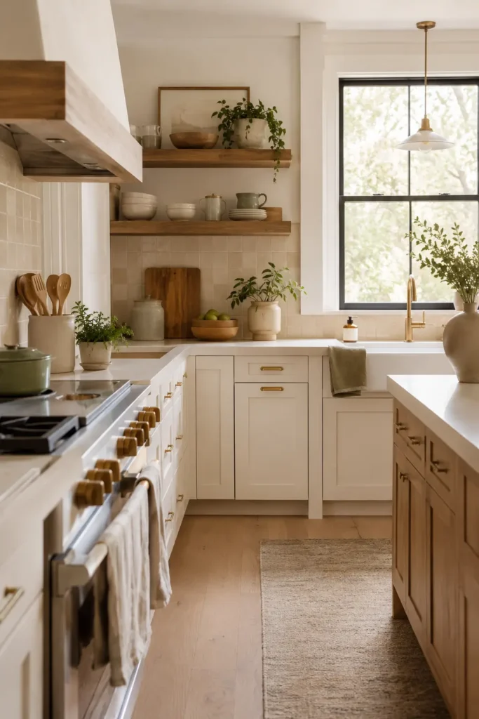 Warm kitchen color palette featuring creamy ivory cabinets, natural oak wood floating shelves, beige backsplash tile, and brass hardware.