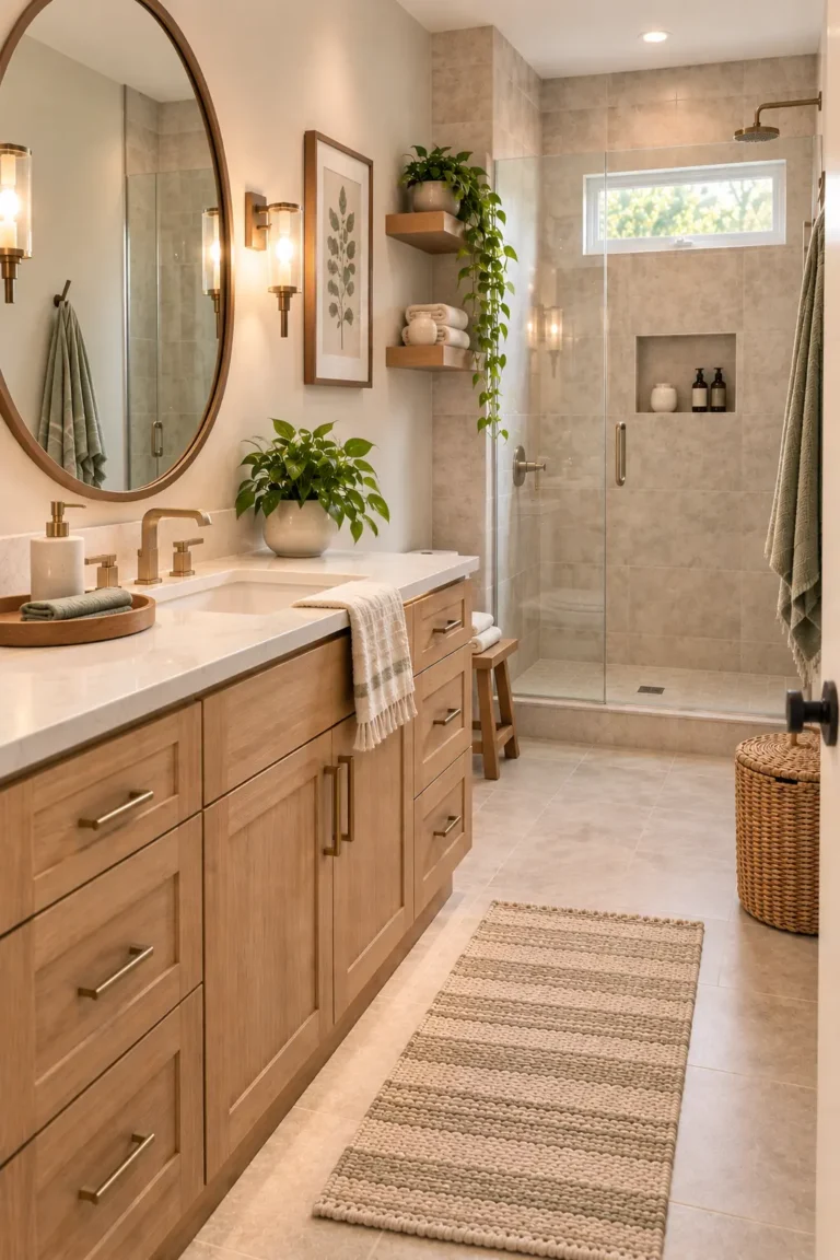Warm minimalist bathroom with light wood vanity, brass hardware, round wood-framed mirror, floating shelves, and glass shower