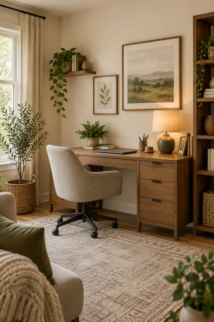 Warm modern home office with wood furniture, neutral colors, plants, artwork, and soft lighting