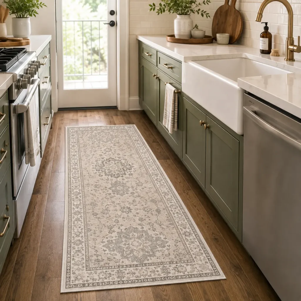 Washable vintage-style kitchen runner rug in a cozy green cabinet kitchen