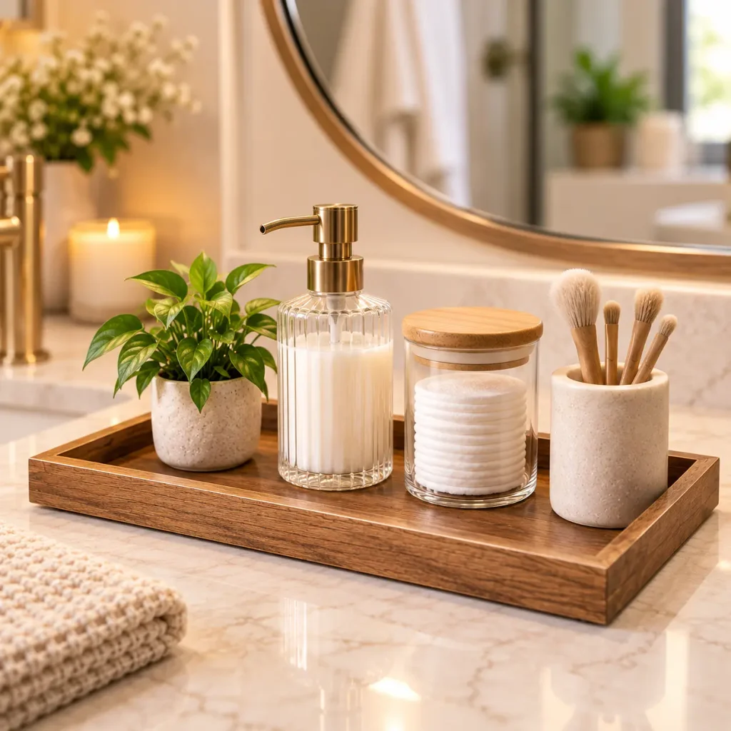 Wooden bathroom countertop tray organizing a soap dispenser, cotton pad jar, small plant, and grooming accessories in a warm, elegant bathroom.
