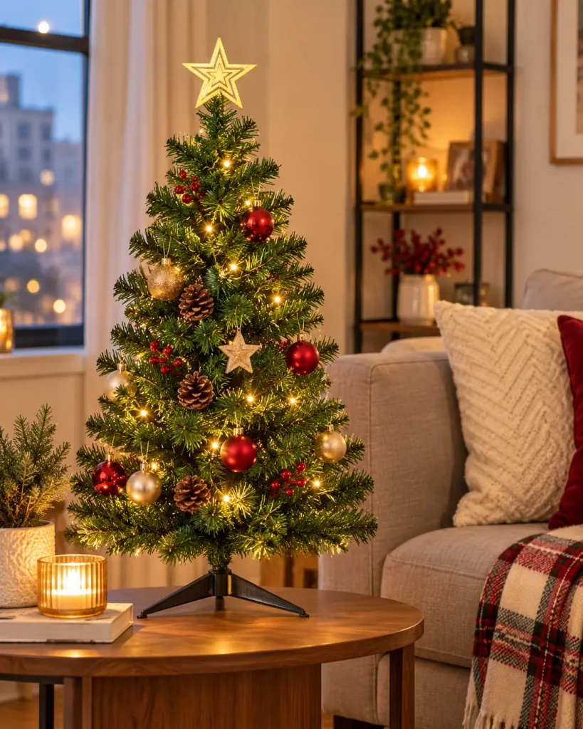 3-foot tabletop Christmas tree decorated on a coffee table in a small apartment