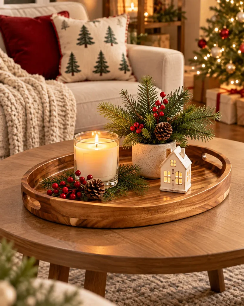 Acacia wood decorative tray styled with Christmas greenery and a candle on a coffee table
