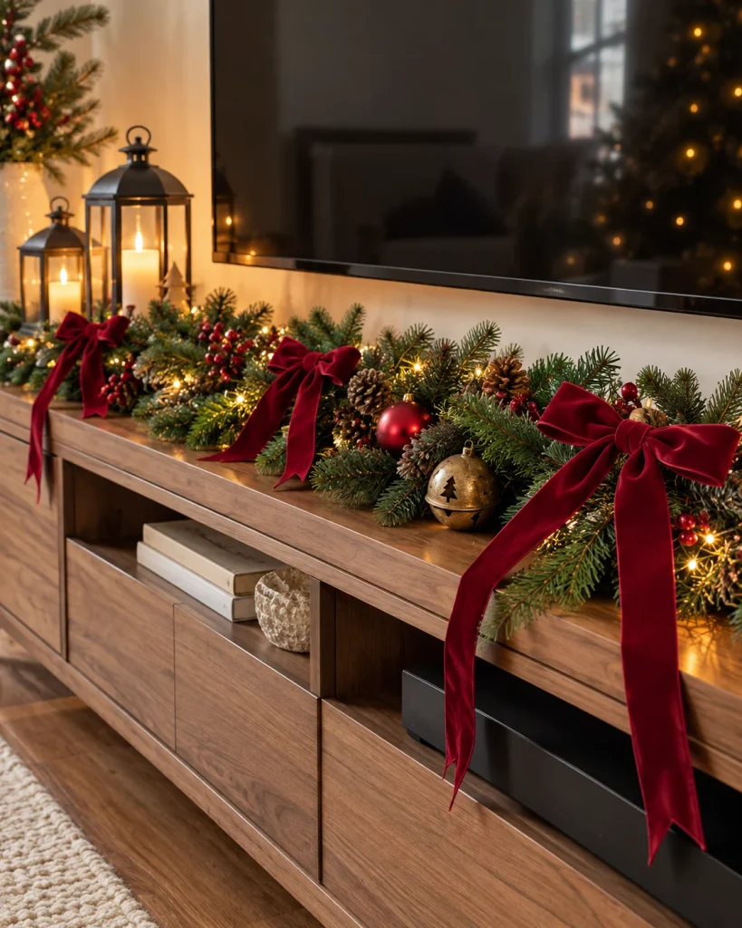 Burgundy velvet Christmas bows decorating an evergreen garland with warm string lights, red ornaments, and pinecones on a wooden TV console.