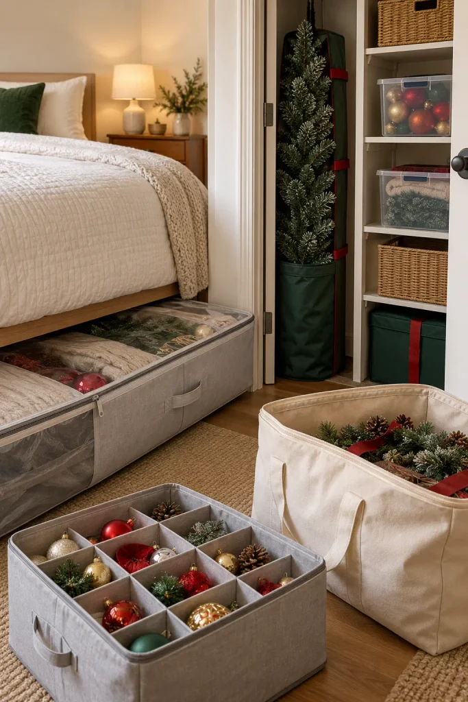 Christmas ornaments and seasonal decor organized in compact storage bins
