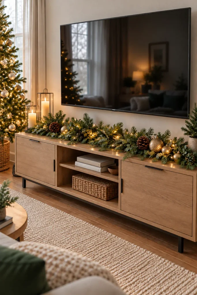 Evergreen Christmas garland with pinecones, gold ornaments, and warm lights decorating a wooden TV console