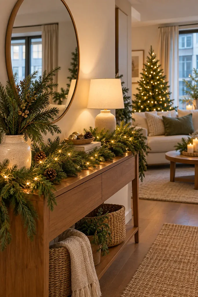 Christmas greenery and warm lights reflected in a mirror above an apartment console