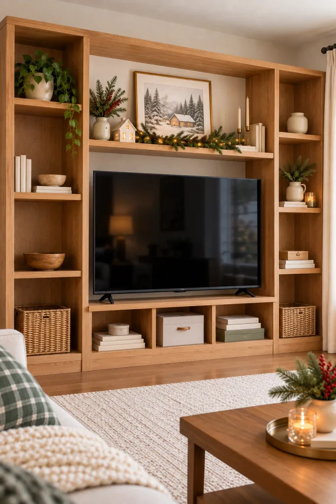 Open TV shelving decorated with miniature Christmas trees, evergreen garland, and ceramic houses.