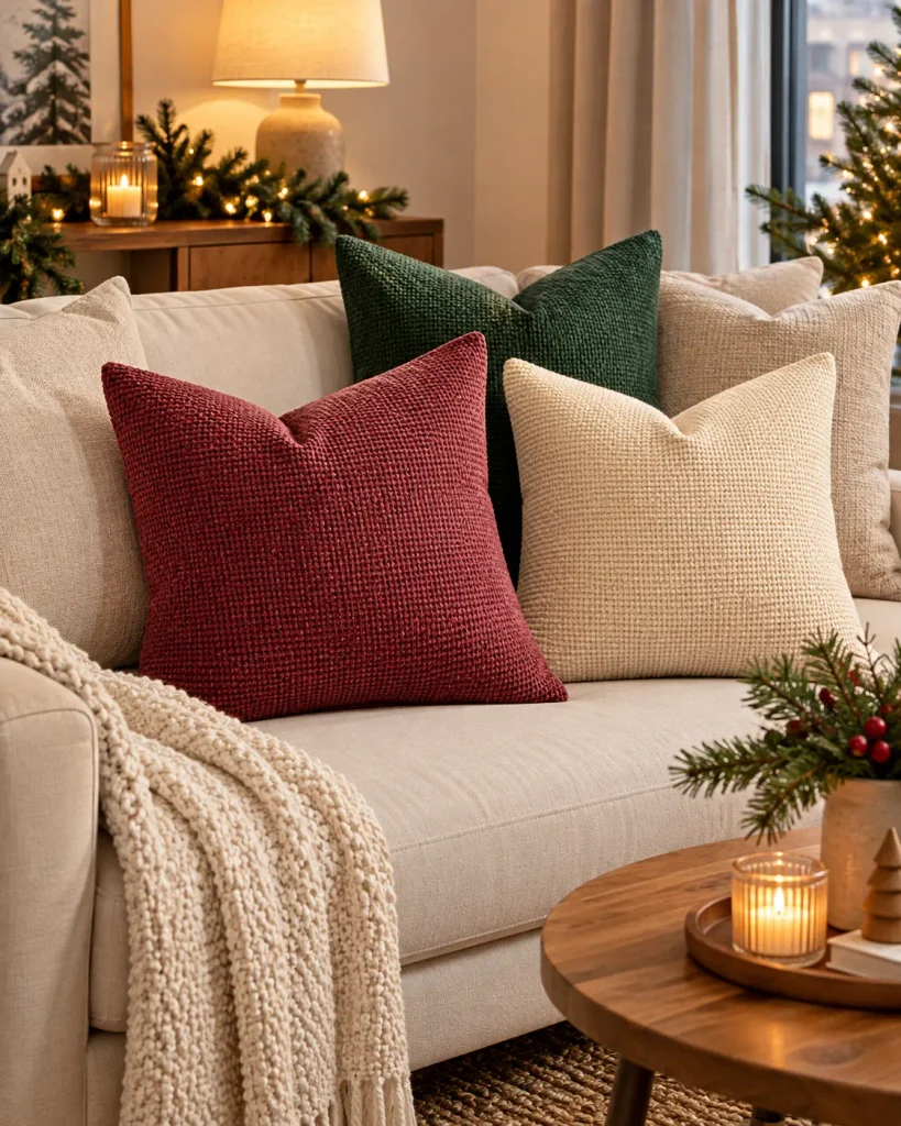 Christmas pillow covers in red, green and cream on a cozy apartment sofa