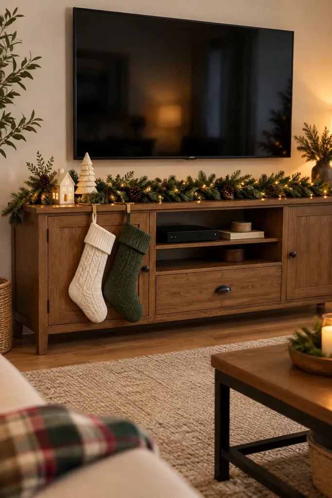 Two knitted Christmas stockings hanging from a wooden TV console decorated with evergreen garland and warm lights.