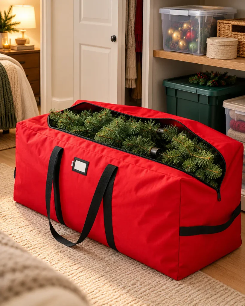 Red Christmas tree storage bag holding a disassembled artificial tree in an apartment