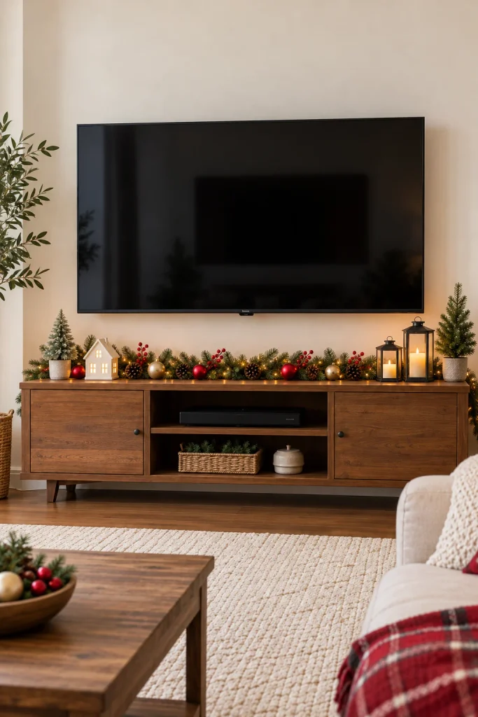 Christmas TV corner with low evergreen garland, warm fairy lights, red and gold ornaments, miniature Christmas trees, and decorative lanterns arranged below an unobstructed television screen.