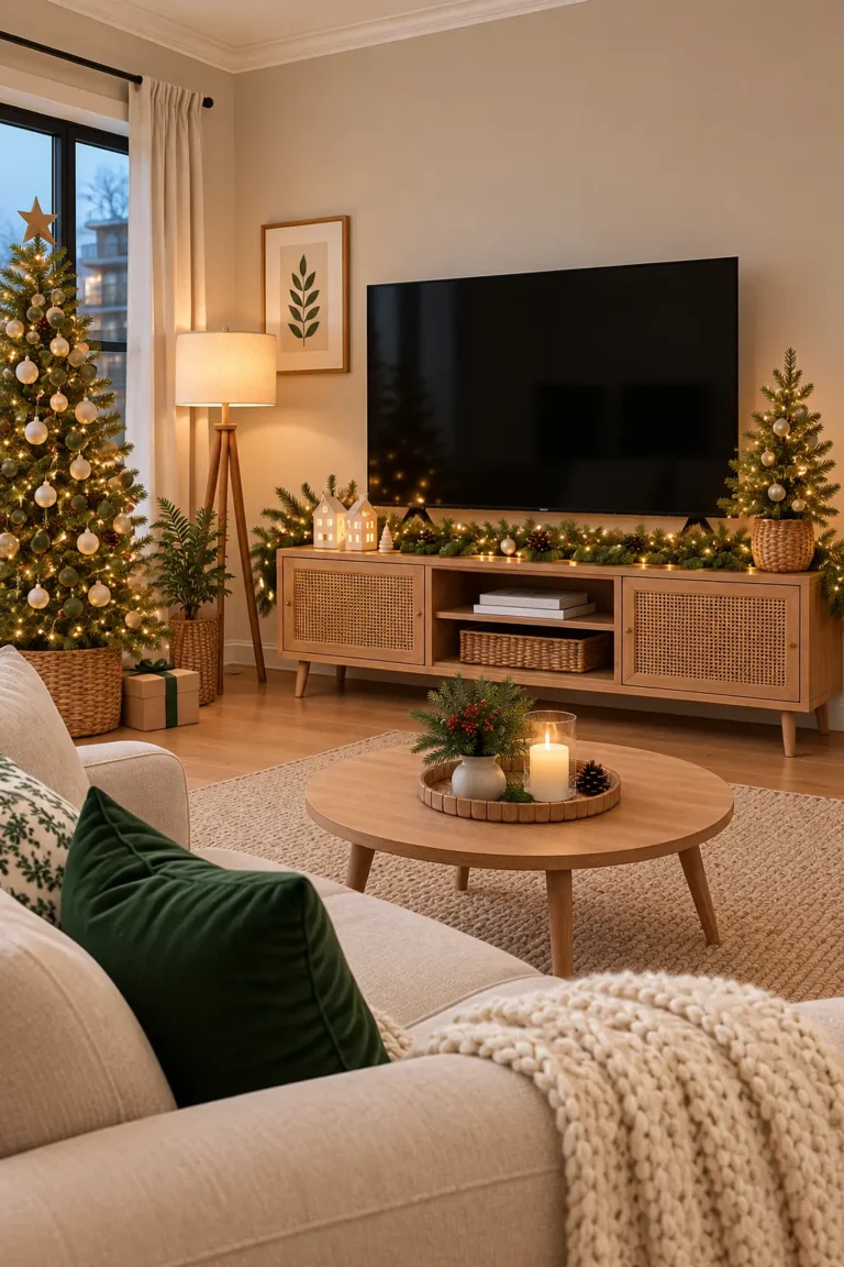 Cozy Christmas TV corner with an evergreen garland, warm lights, and decorated Christmas trees in a neutral living room.