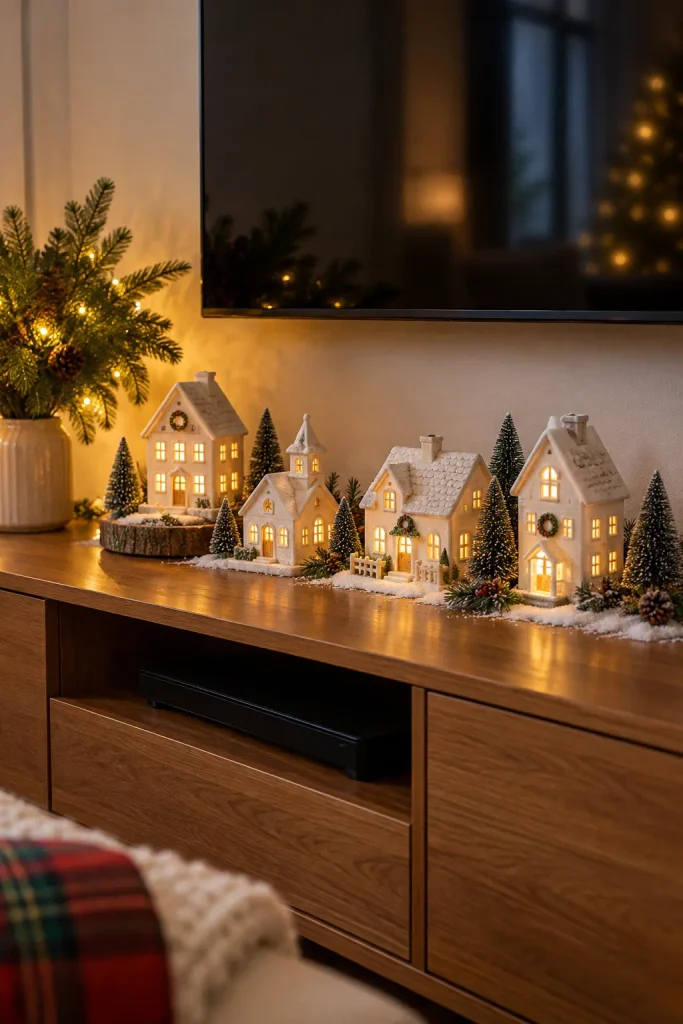 Illuminated ceramic Christmas village with miniature trees and faux snow arranged on a wooden TV console.