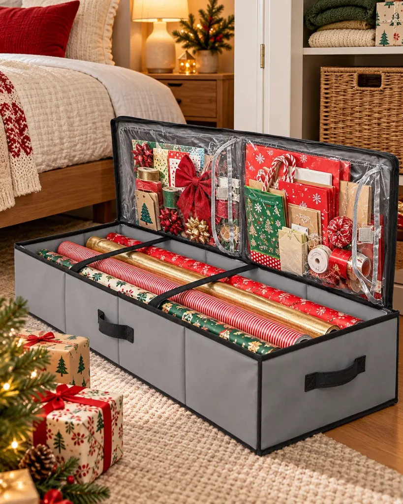 Christmas wrapping paper organizer with rolls, ribbons and gift bags in a small apartment