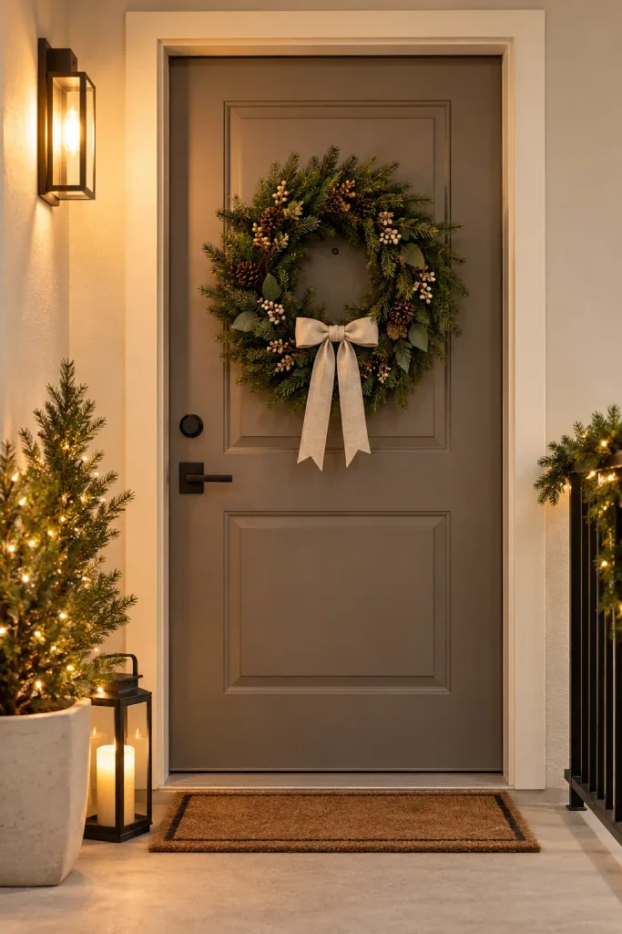 Christmas wreath decorating a small apartment entry door