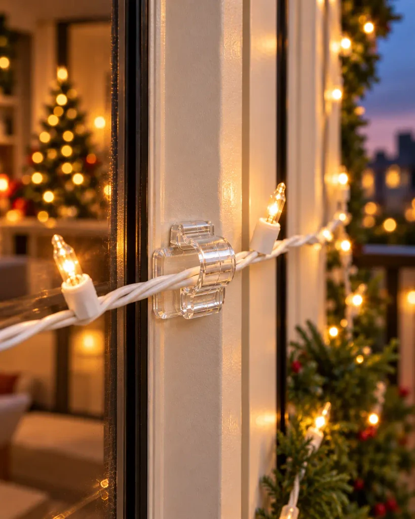 Clear outdoor Christmas light clip securing string lights to an apartment window frame