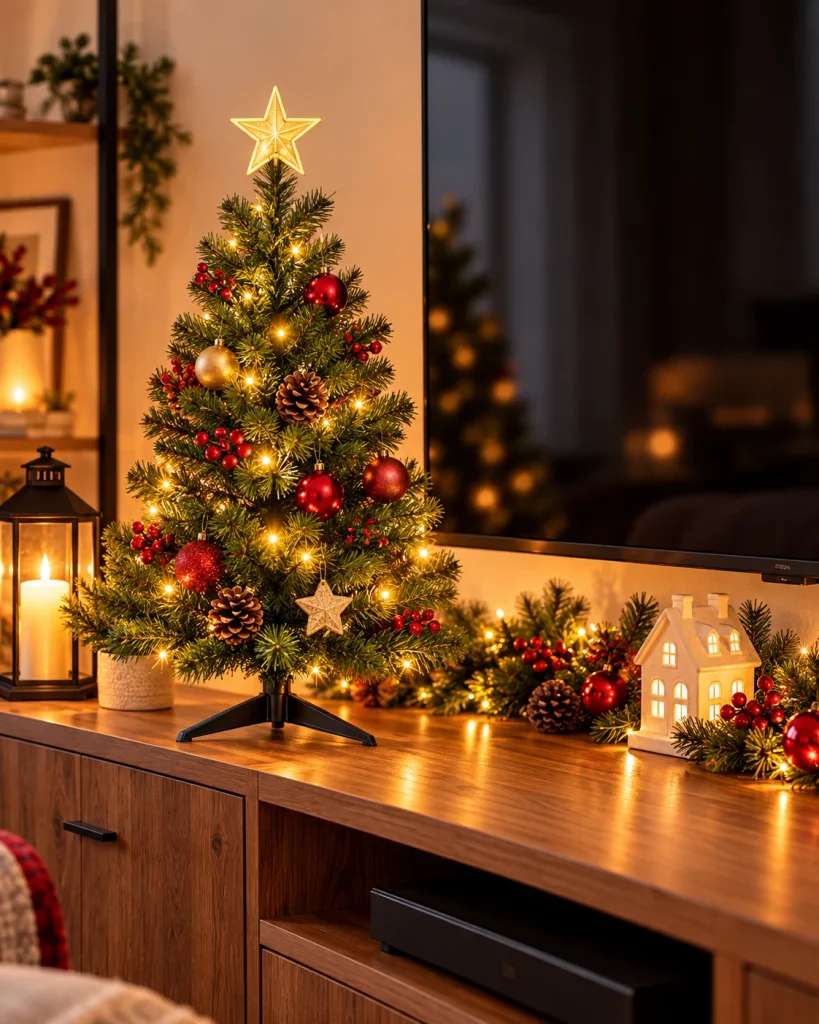 Compact decorated Christmas tree with warm white lights, red and gold ornaments, displayed on a wooden TV console with festive garland and a glowing ceramic Christmas house.