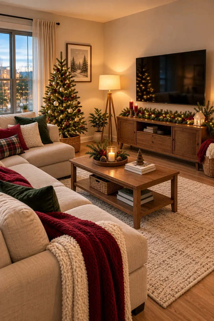 Christmas TV corner coordinated with a neutral sofa, green cushions, and a decorated tree