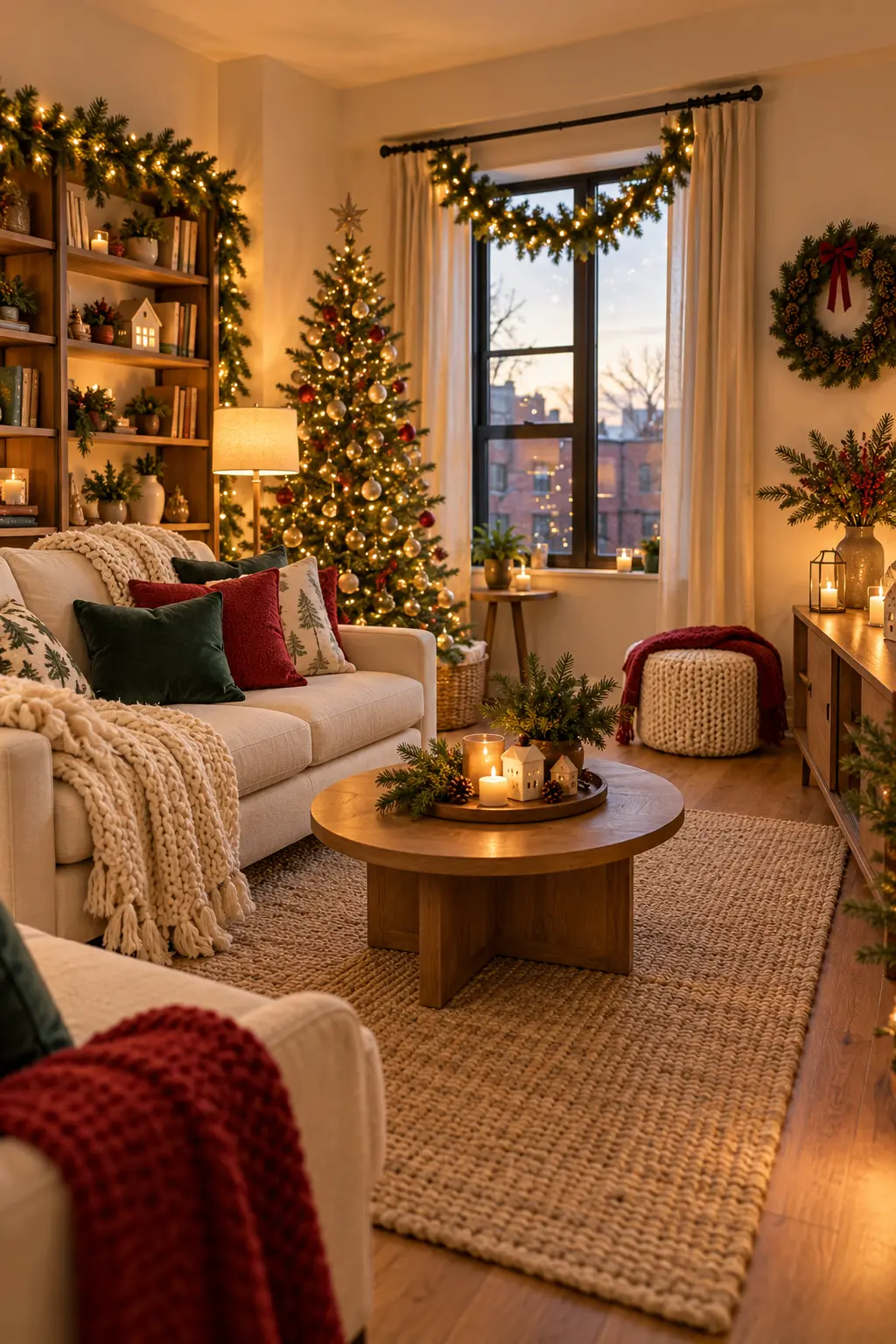 Cozy Christmas living room decor in a compact apartment with a decorated tree