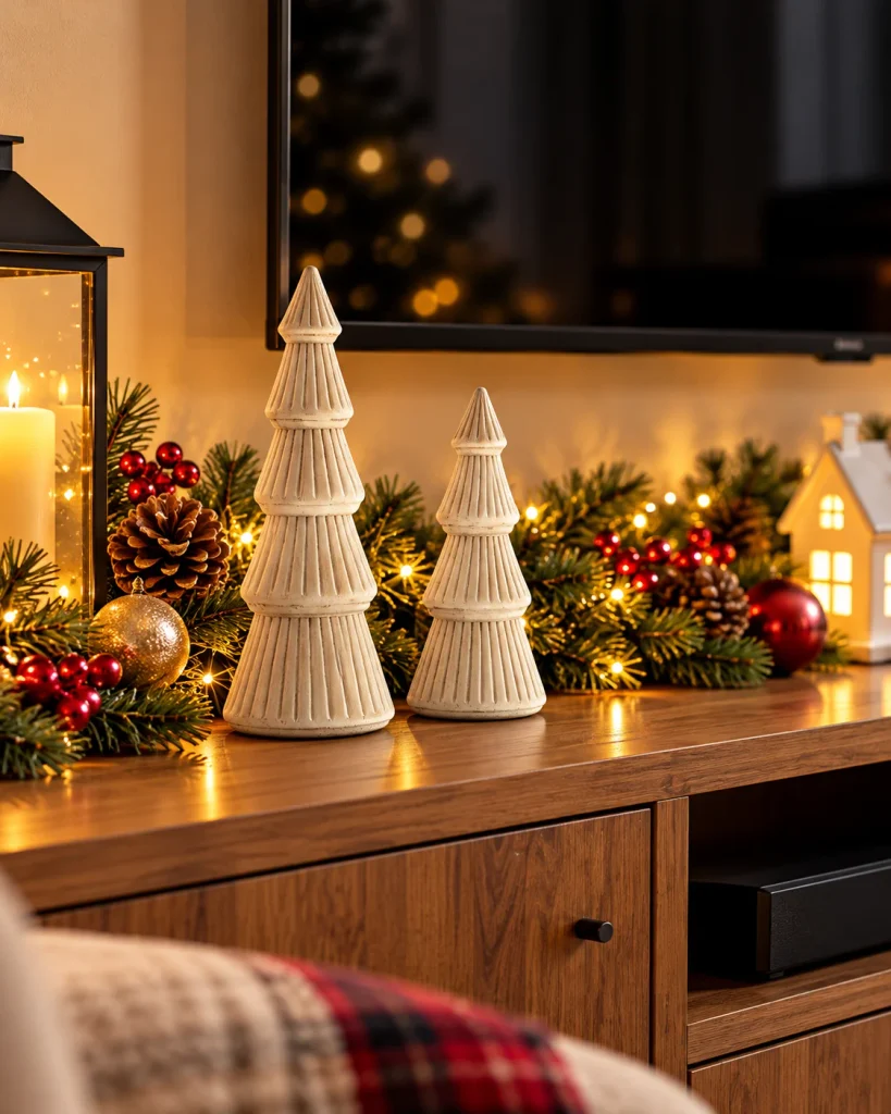 Two distressed vintage-white wooden Christmas tree figurines styled on a wooden TV console with evergreen garland, pinecones, red ornaments, and warm white lights.