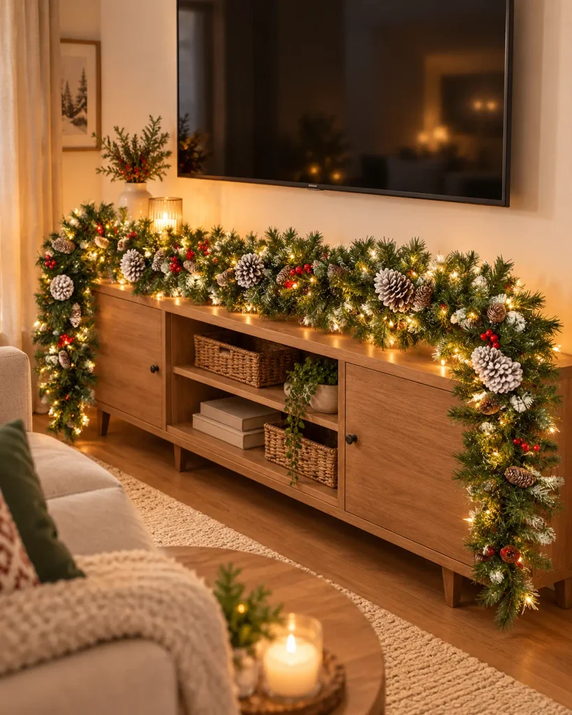 Pre-lit frosted berry Christmas garland decorating a small apartment TV console