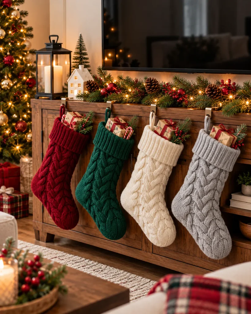 Four cable-knit Christmas stockings in burgundy, forest green, ivory, and gray hanging beneath an evergreen garland with warm lights on a wooden TV console.