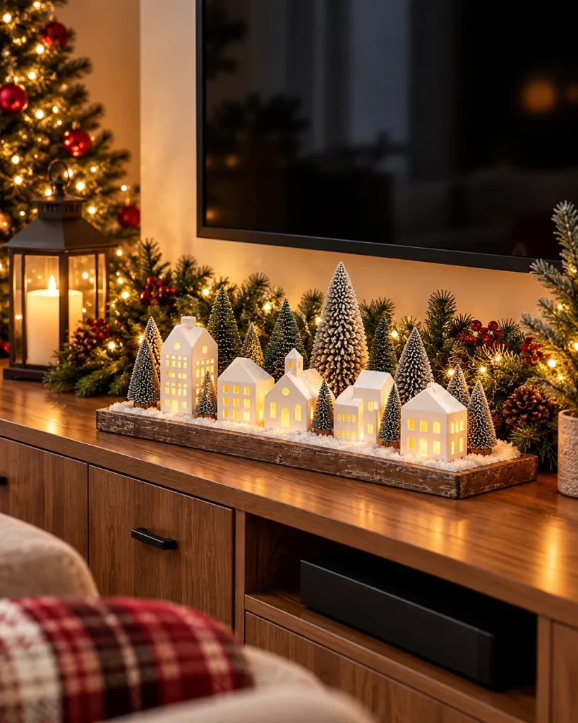 Glowing white ceramic Christmas village houses and miniature snowy trees arranged on a wooden TV console with evergreen garland, warm fairy lights, and black lanterns.