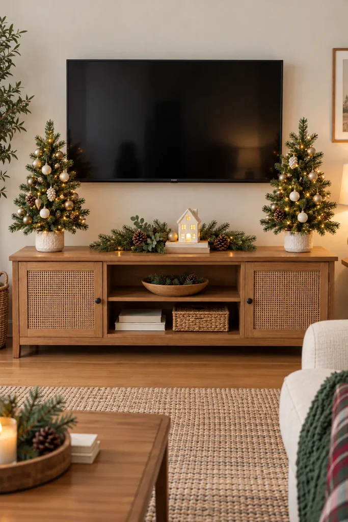 Wooden TV console styled with matching mini Christmas trees, warm lights, evergreen garland, and a ceramic Christmas house.
