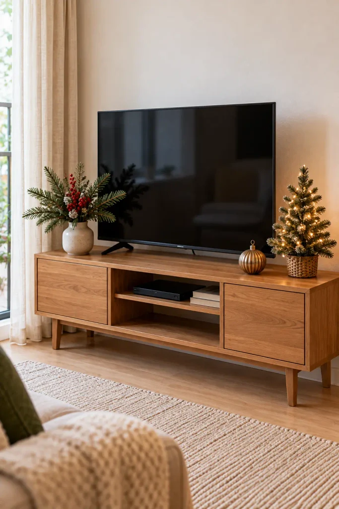 Small TV console decorated with three simple Christmas accents in a compact living room.