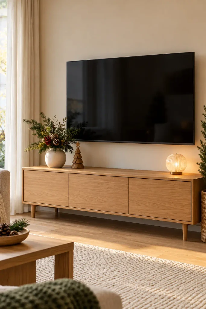 Minimal Christmas TV corner with a simple evergreen arrangement and one warm accent
