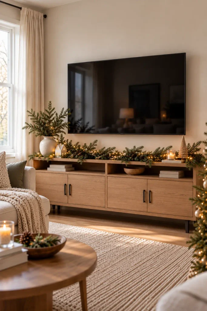 Warm neutral Christmas TV console with evergreen garland, warm fairy lights, ivory ceramic houses, and natural wood decor.
