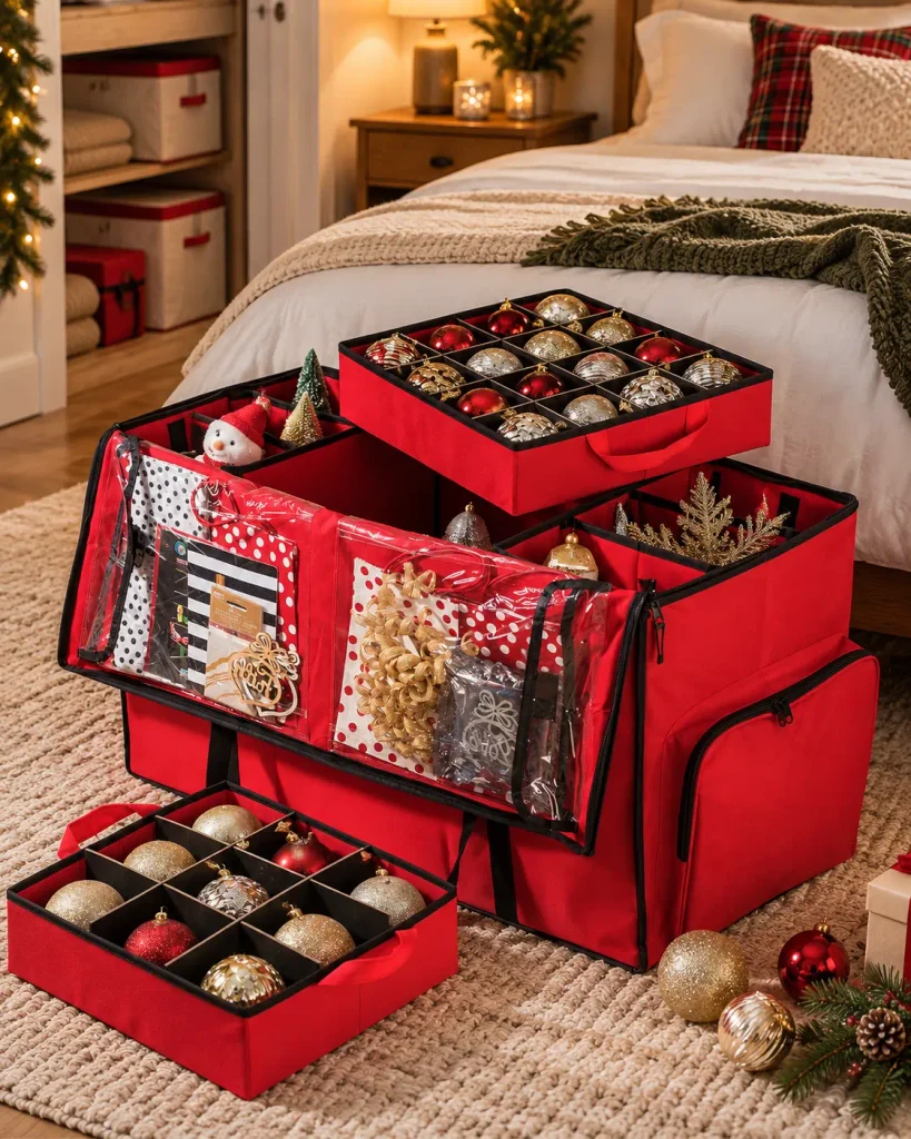 Organized Christmas ornaments in a red storage box with removable trays