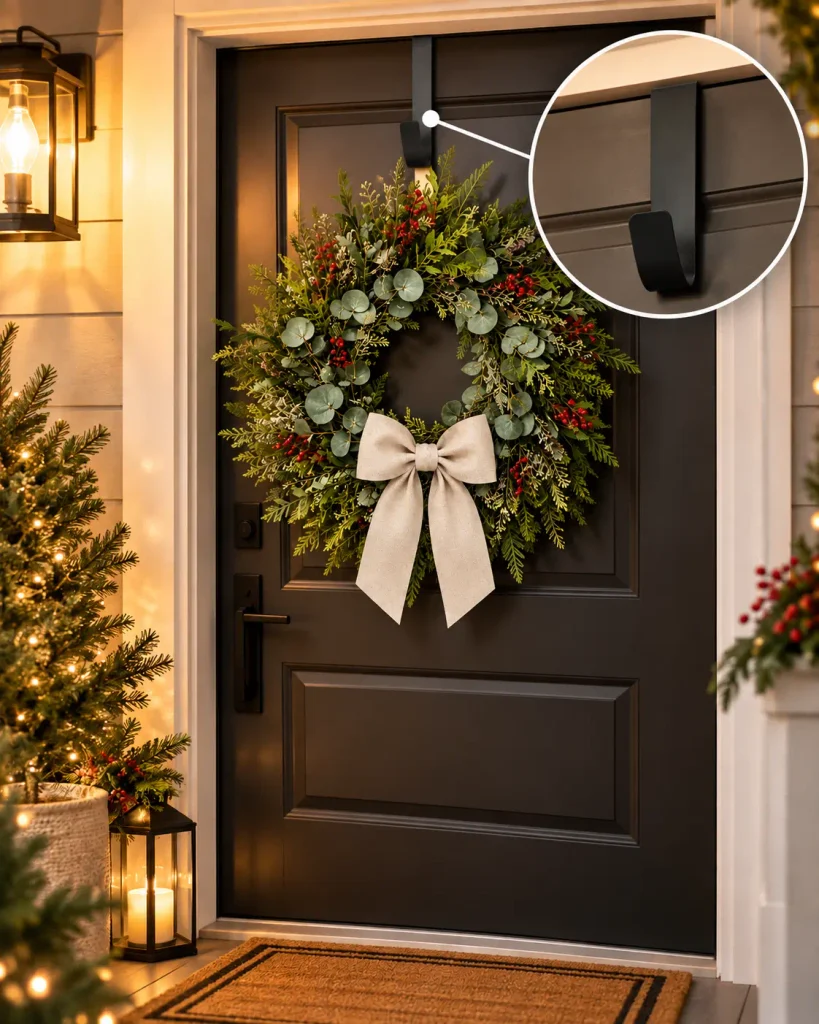 Over-door Christmas wreath hanger shown on an apartment front door