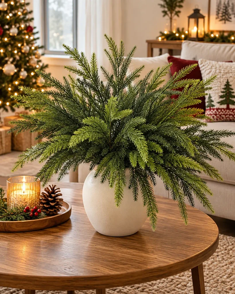 pine Christmas stems arranged in a vase on a small apartment coffee table