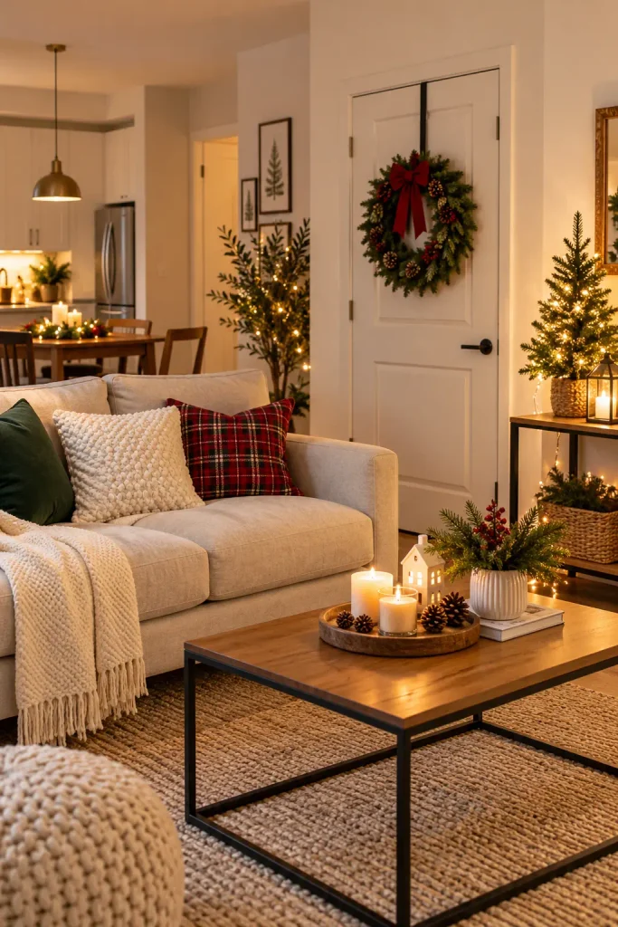 Renter-friendly Christmas decor in a cozy small apartment living room
